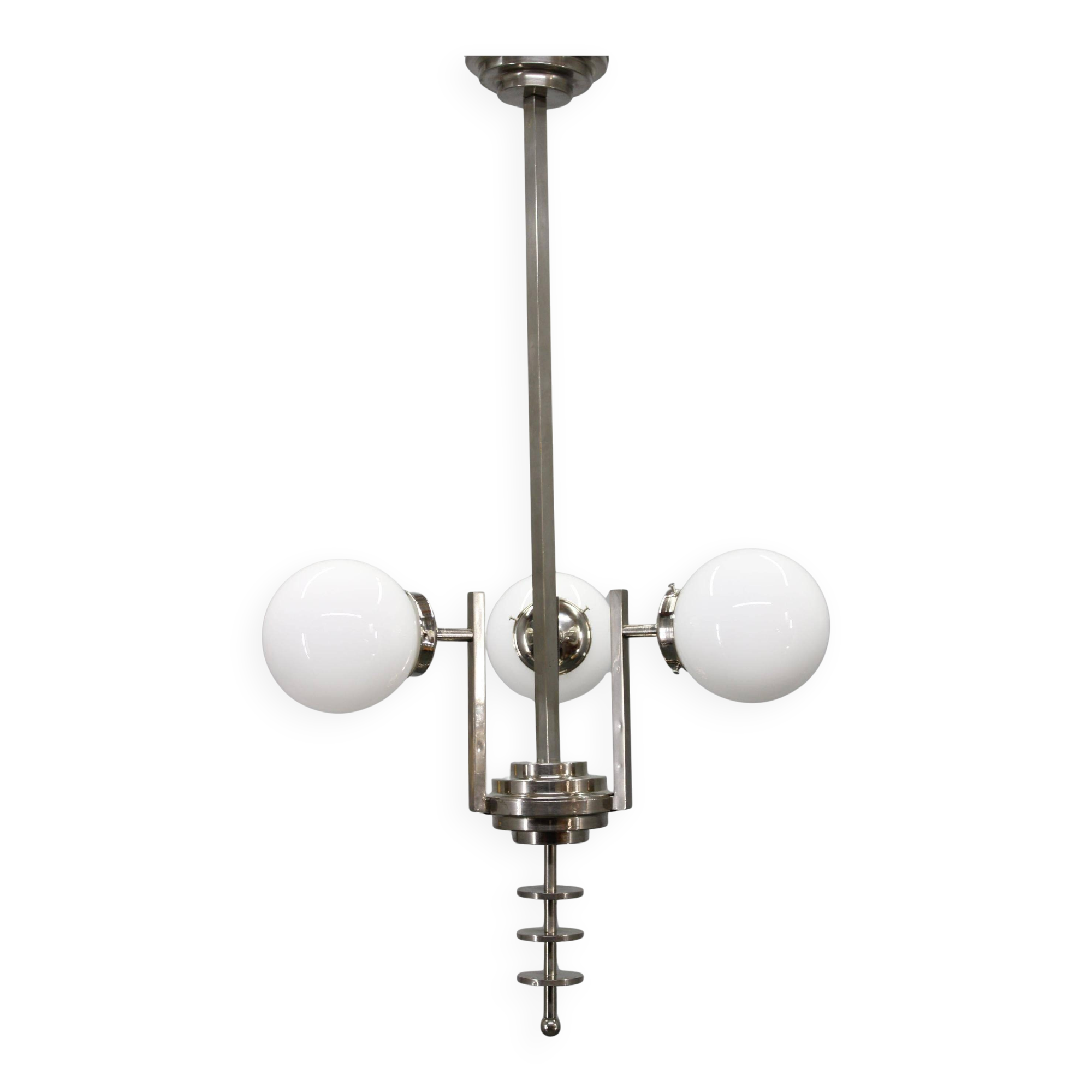 Czechoslovak Art Deco nickel chandelier with three opaline glass globes