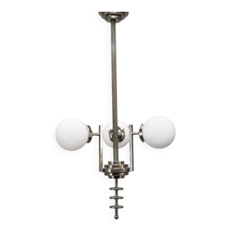Czechoslovak Art Deco nickel chandelier with three opaline glass globes