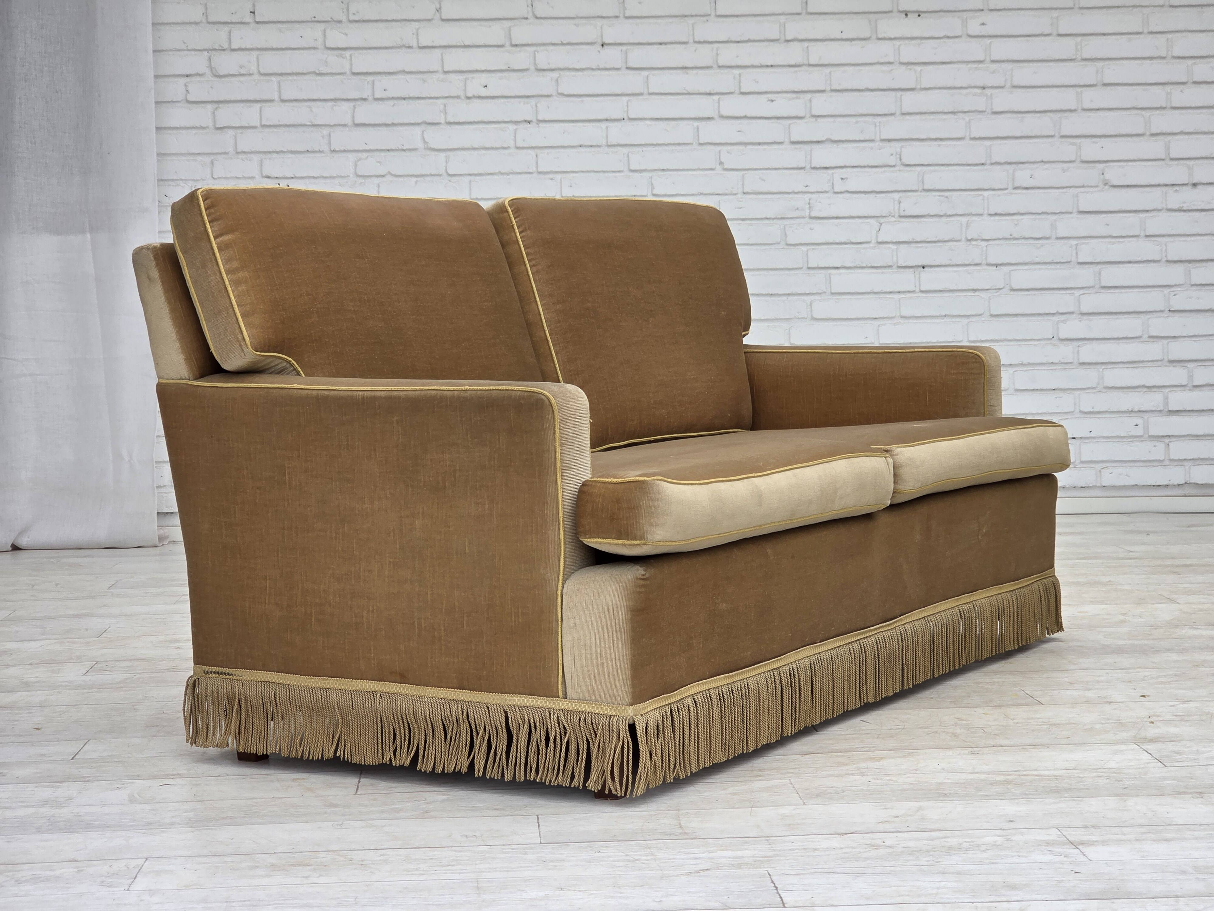 1970s, Danish 2-seater sofa, honey yellow furniture velour.