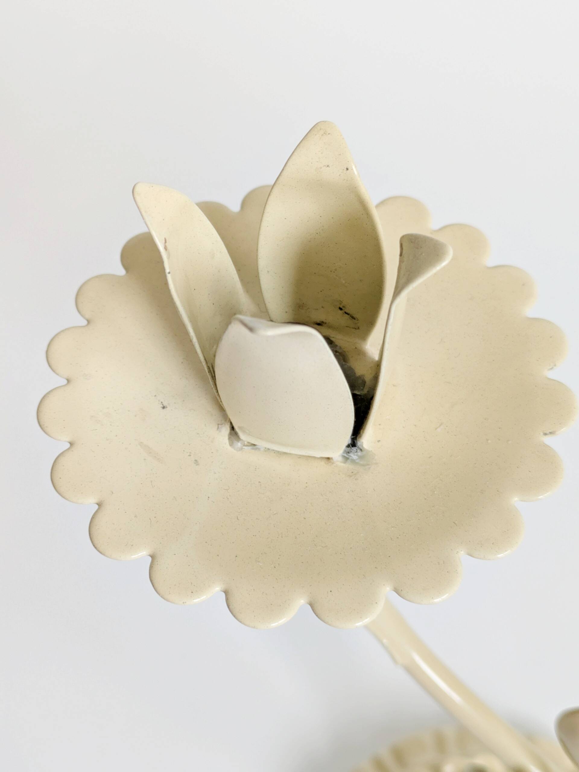 Vintage Italian white painted cast iron candlestick, floral motif, 1970s