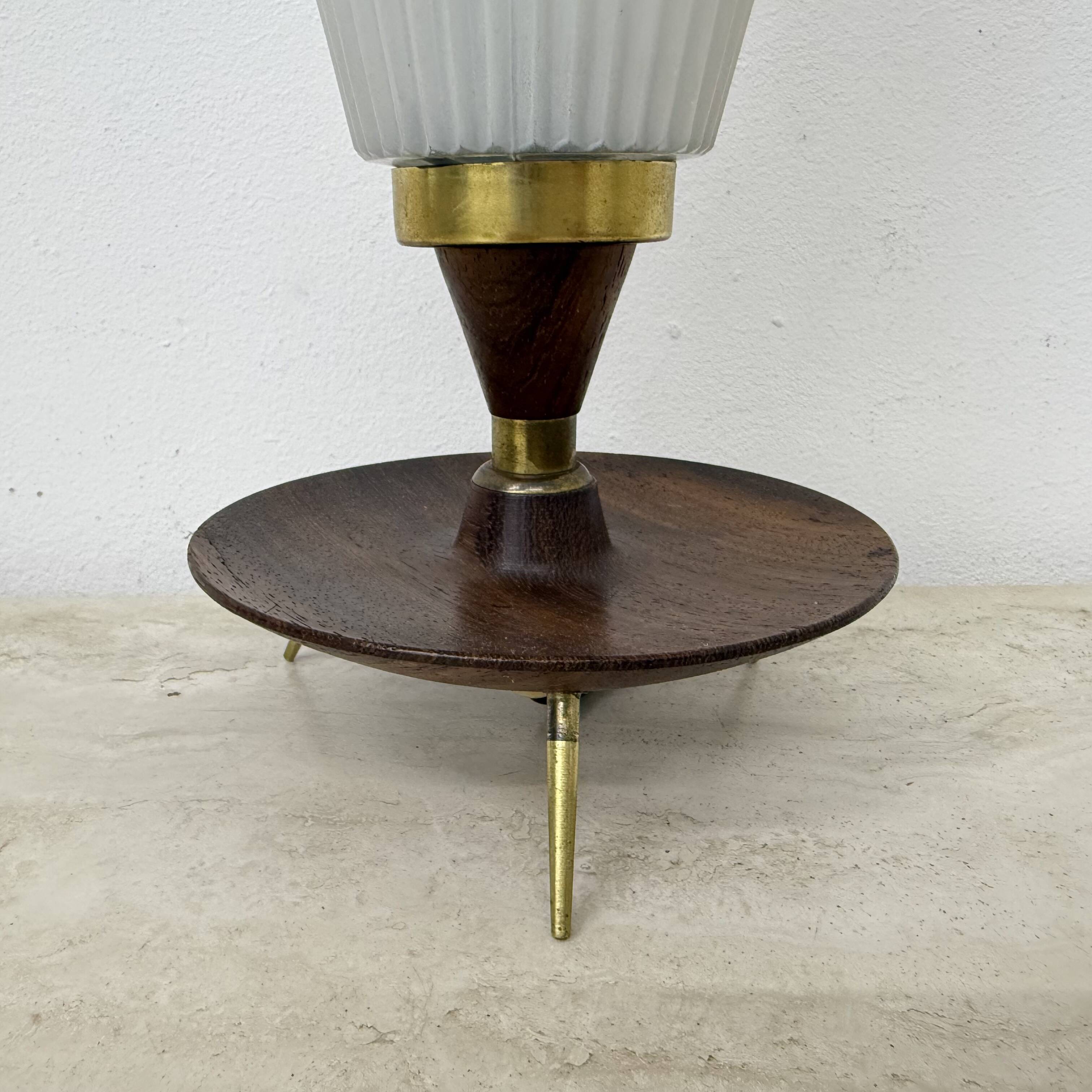 Vintage tripod teak base with opaline glass shade table lamp , 1950s