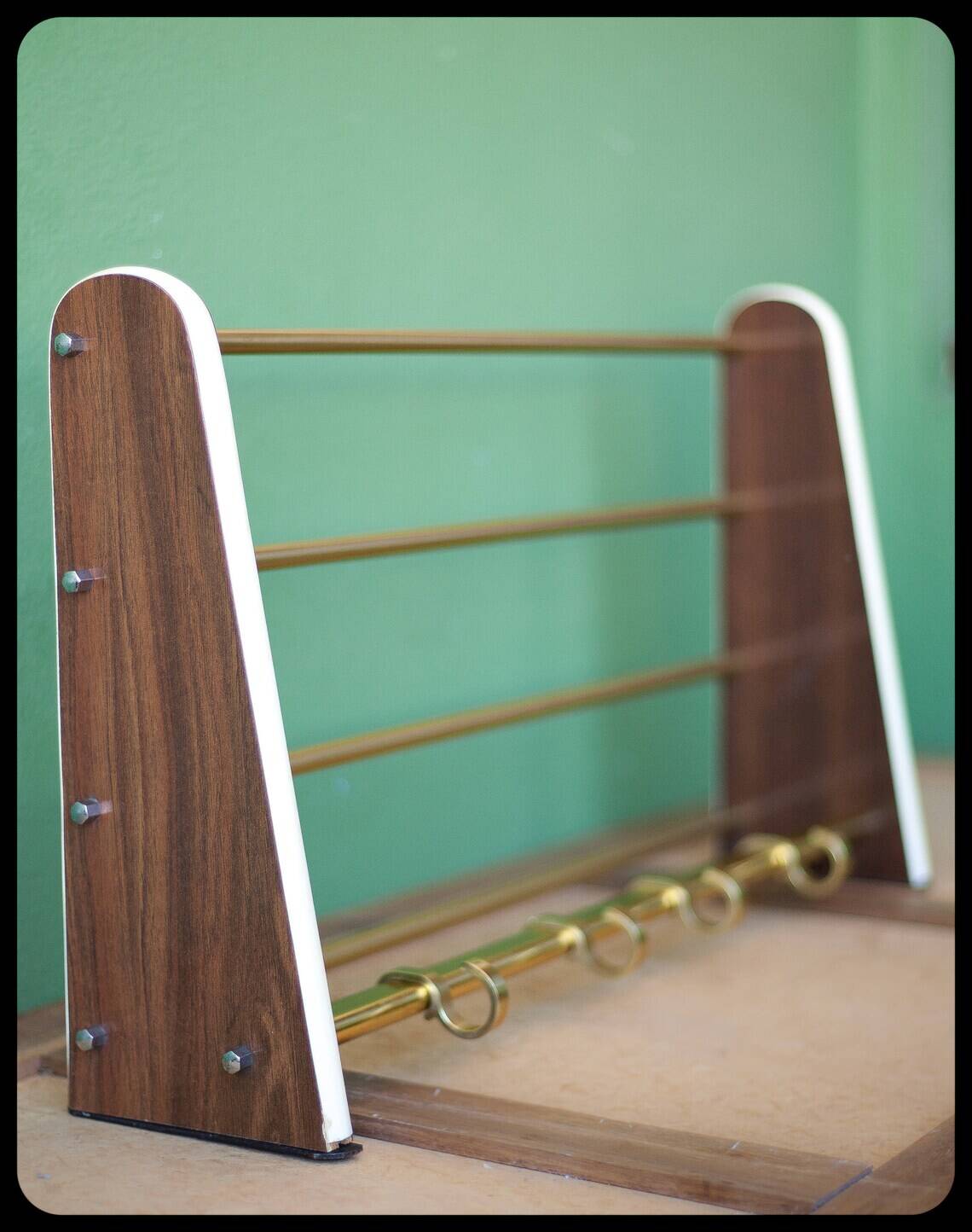 vintage formica and brass coat rack, cloakroom, hooks, hanger, shelf, hooks, coat hooks, decoration