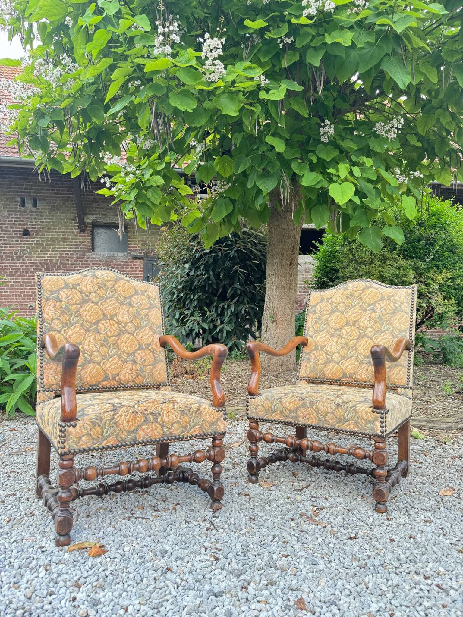 Pair of louis xiv period walnut armchairs, 17th century