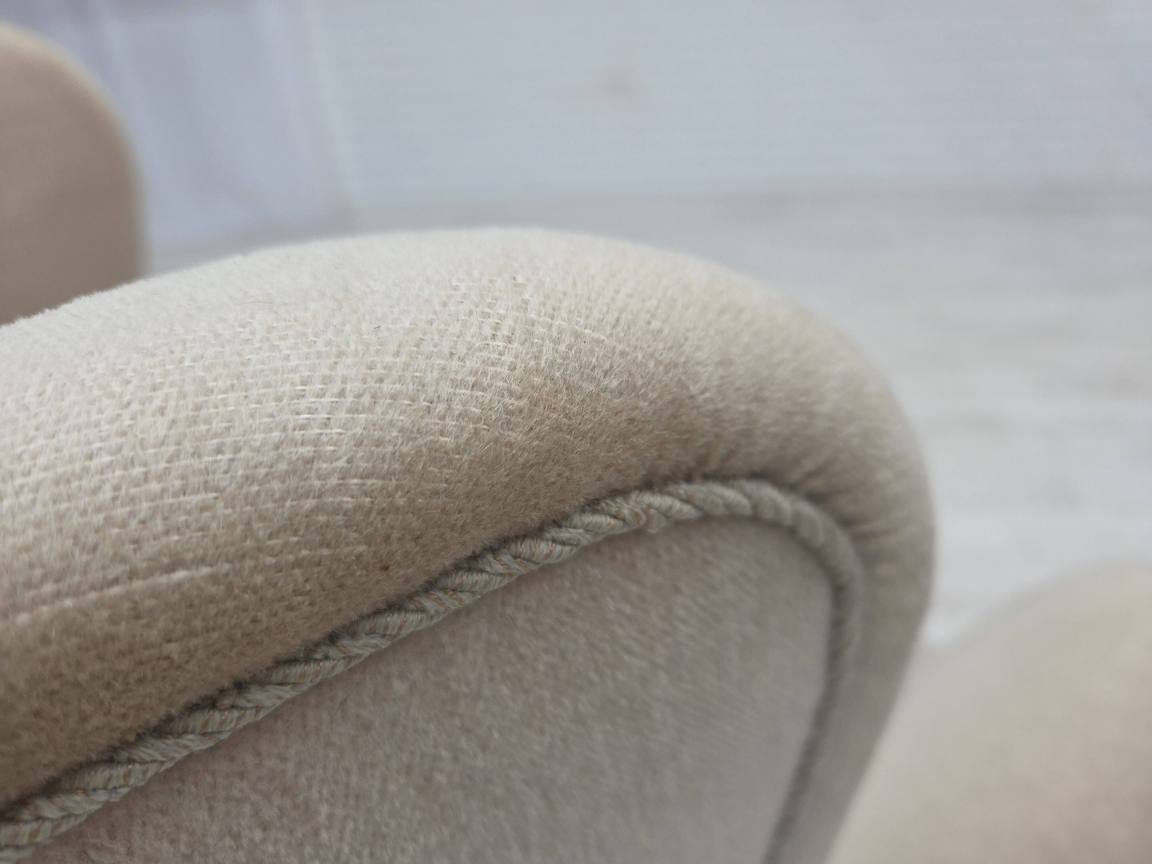 1960s, Danish wingback armchair, furniture velour, carved oak wood.