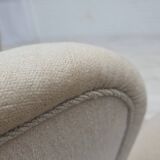 1960s, Danish wingback armchair, furniture velour, carved oak wood.