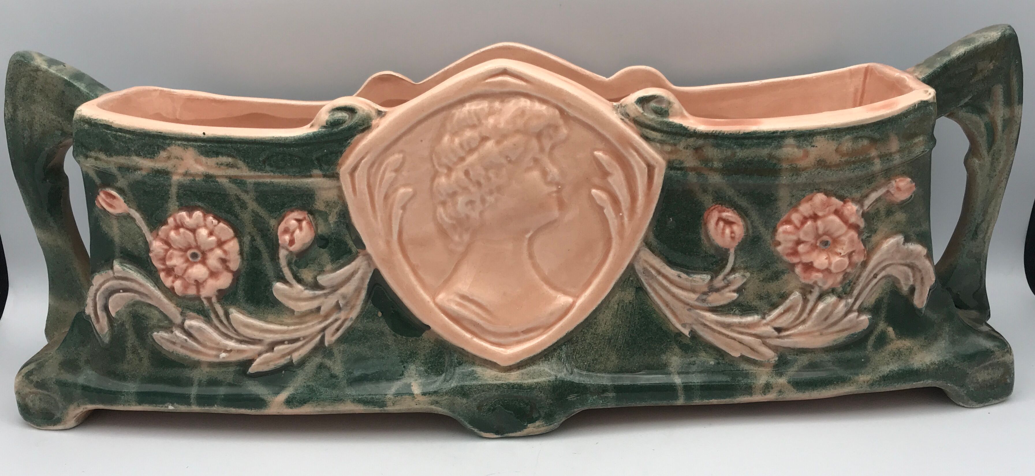 Jardinière with ceramic handles enameled vintage polychrome paint 39.5 cm