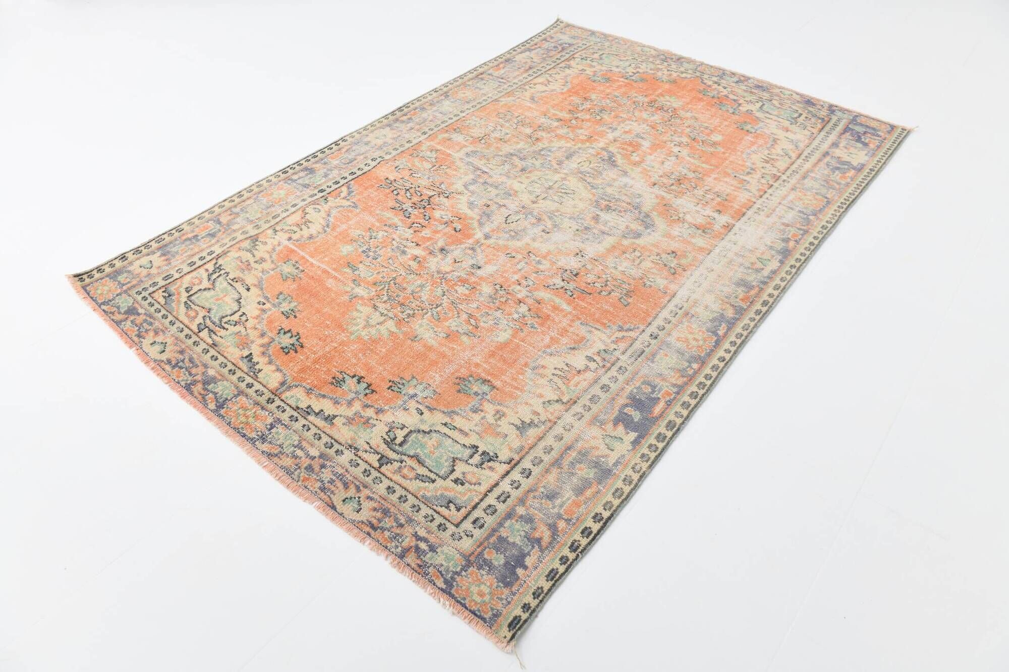 Apricot Tones Pastel Handwoven Turkish Vintage Carpet Rug, 177x273 Cm