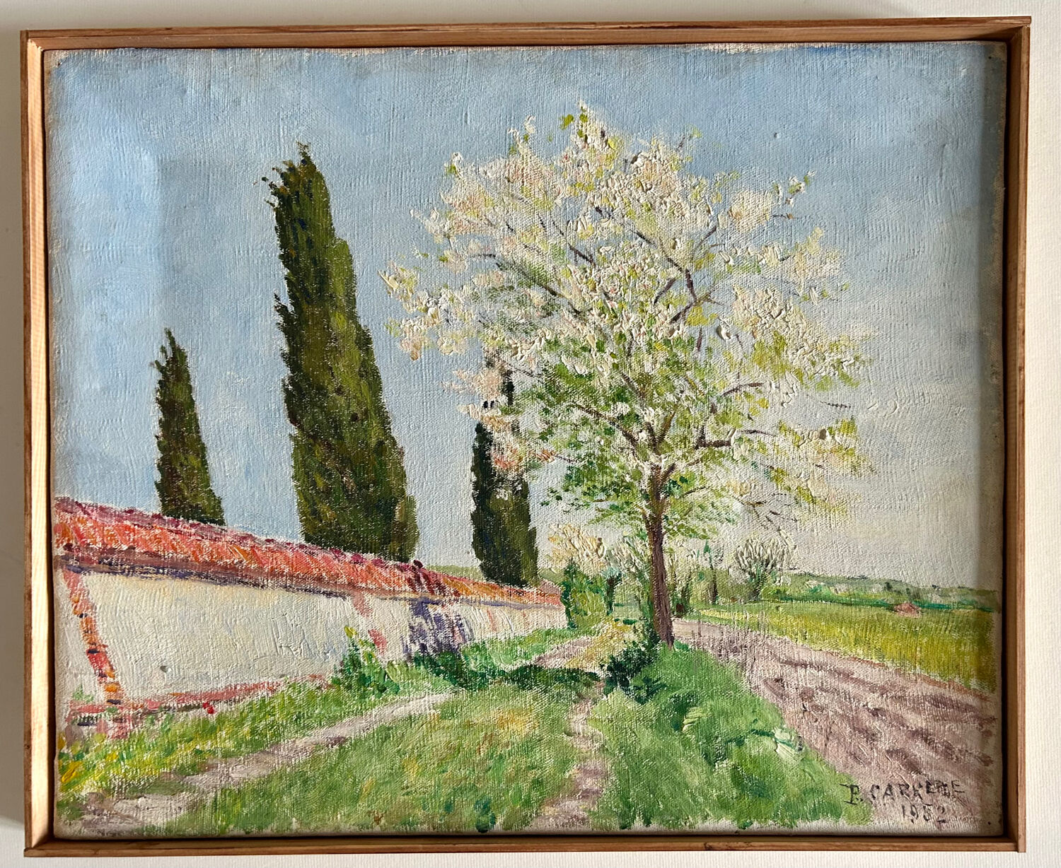 Oil on canvas "Chemin du Vexin" by P. Carrere. 1952