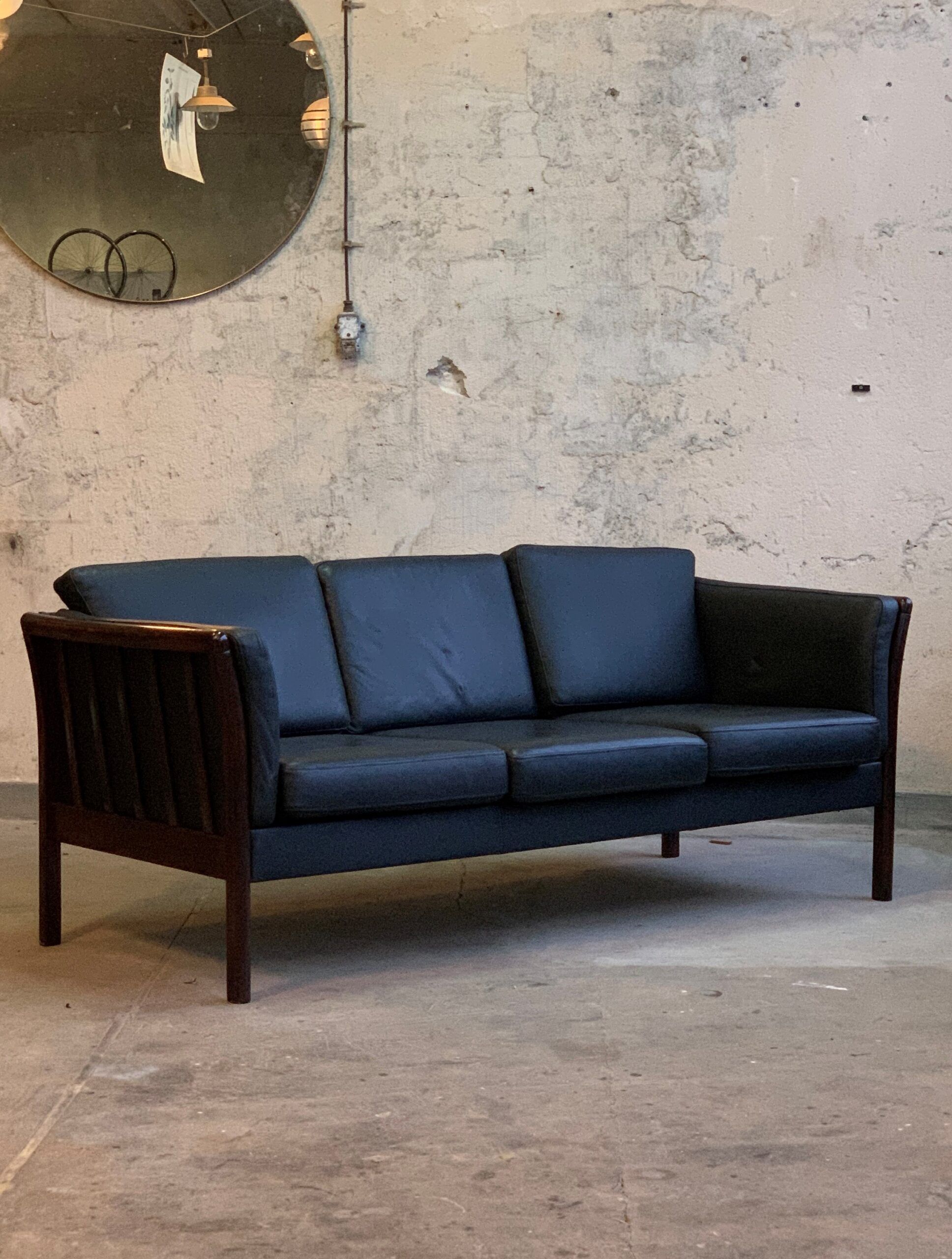 Black 3 seat leather sofa, Denmark 80/90