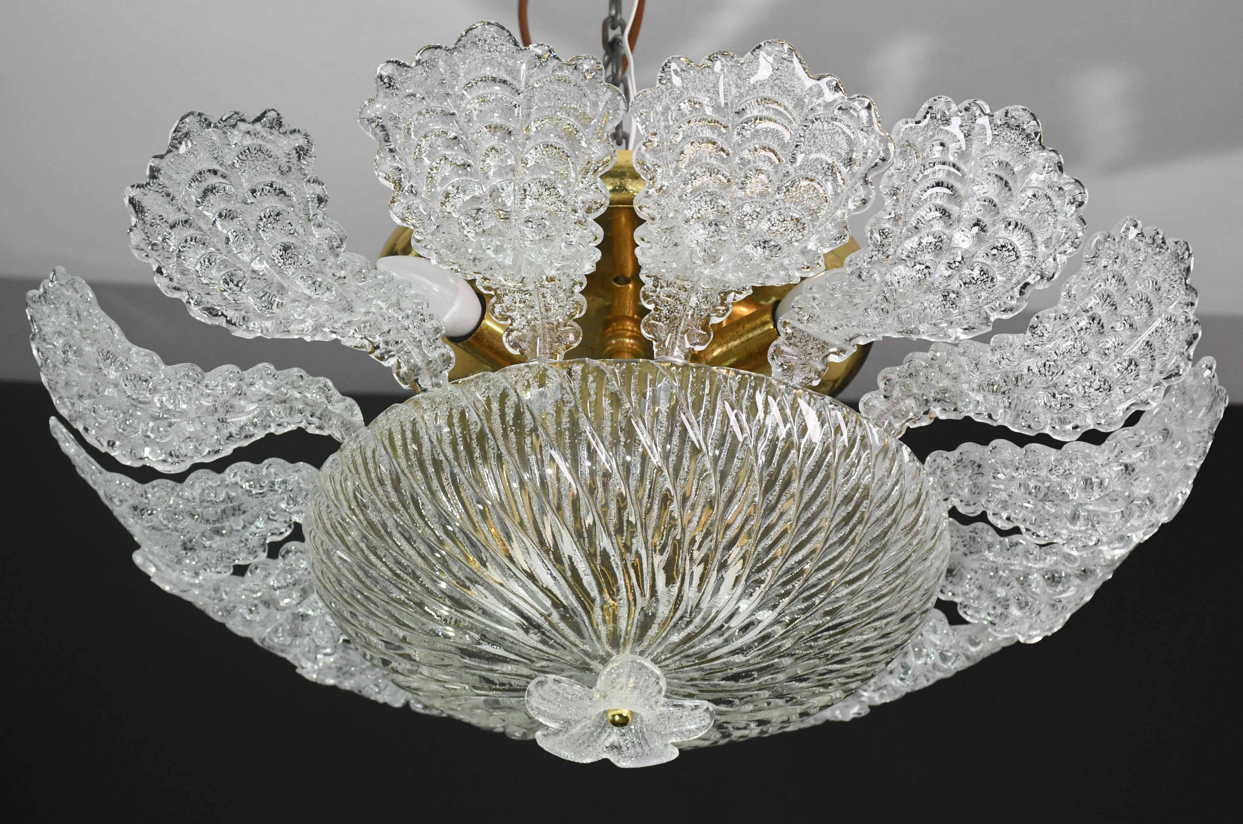 Lovely transparent Murano glass leaf ceiling light or chandelier, 1970s