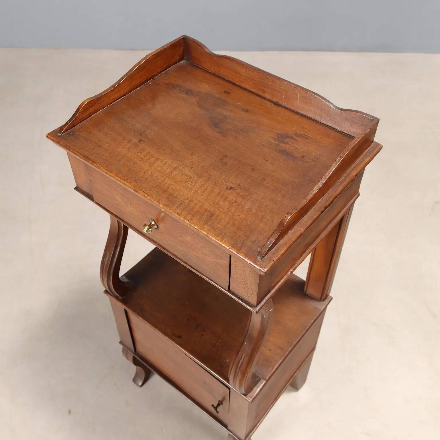 Antique walnut bedside tables with drawer, Italy, 19th century.