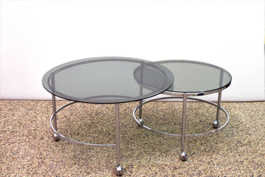 Two-tier swivel coffee table in chromed steel and crystal, 1970s
