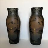 Pair of Art Nouveau glass vases decorated with lake landscapes