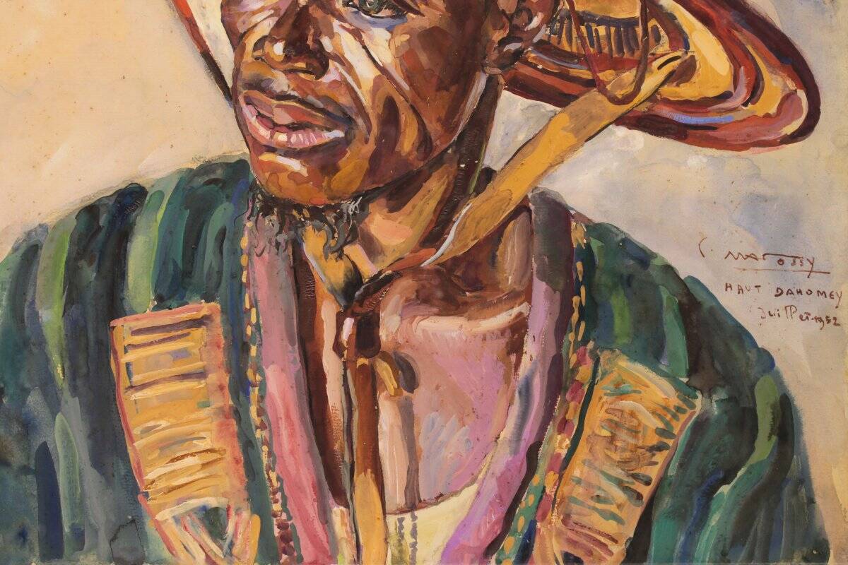 Large portrait of a Beninese man in traditional hat by Pierre Matossy (1891-1969)