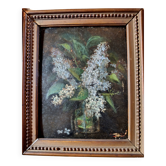 Vintage French oil painting on board, bouquet of lilacs
