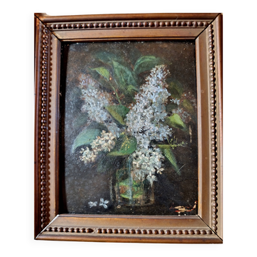 Vintage French oil painting on board, bouquet of lilacs