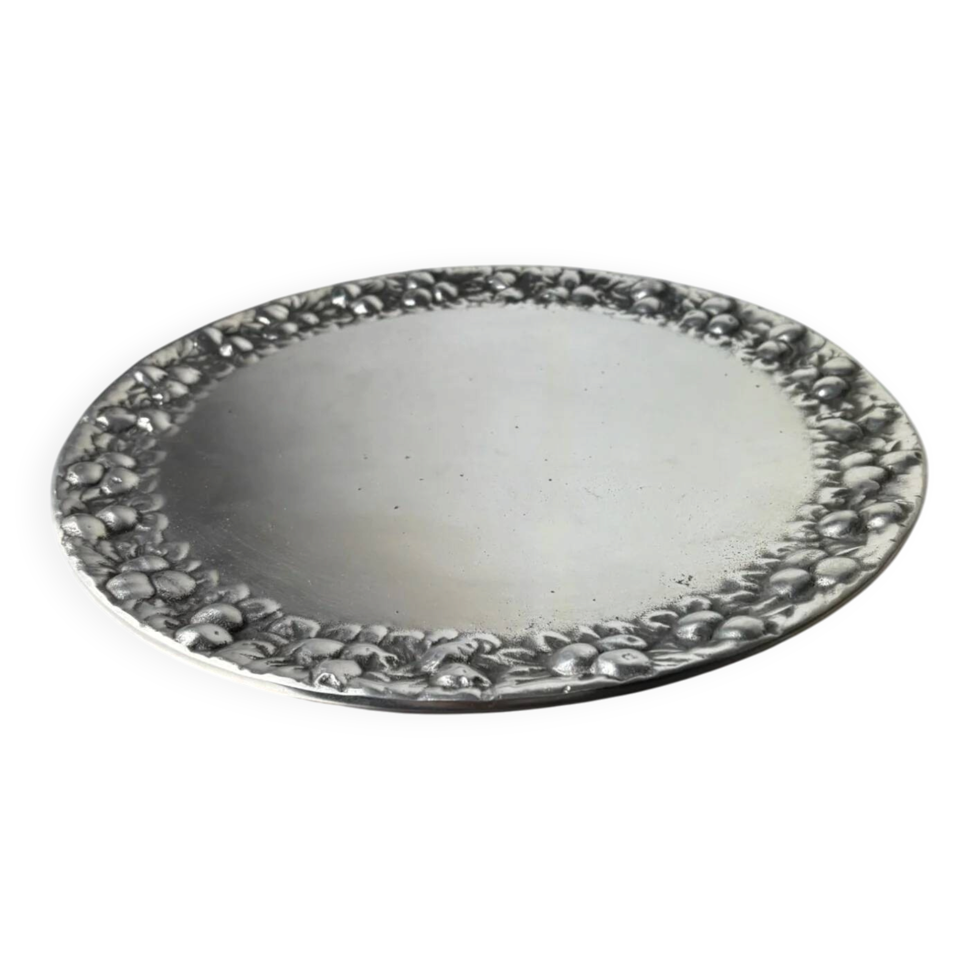 Plateau circulaire floral Art déco, en aluminium massif, Espagne, années 1960