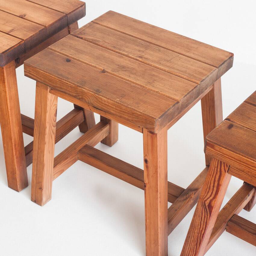 Set of 4 vintage pine stools. France, 1980s