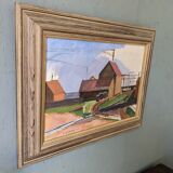 Peinture à l’huile de paysage vintage suédoise moderne du milieu du siècle « Suburban Serenade », encadrée, 1951