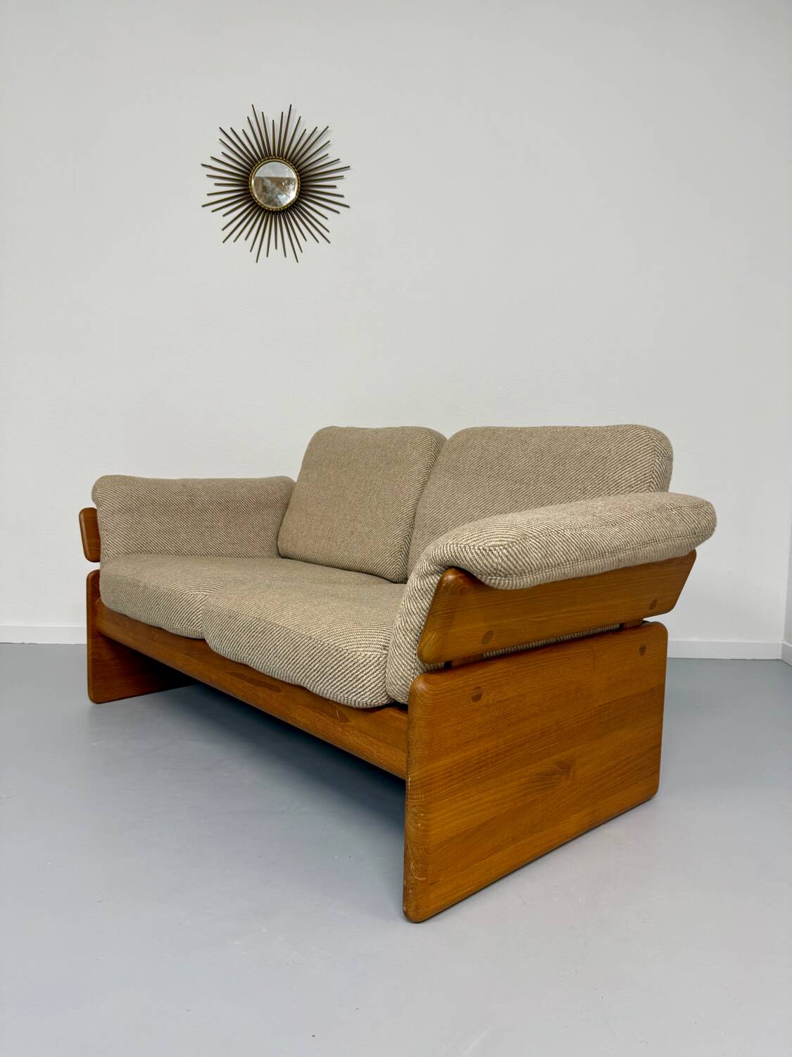 Old sofa in solid elm and vintage 80s design fabric Seltz France
