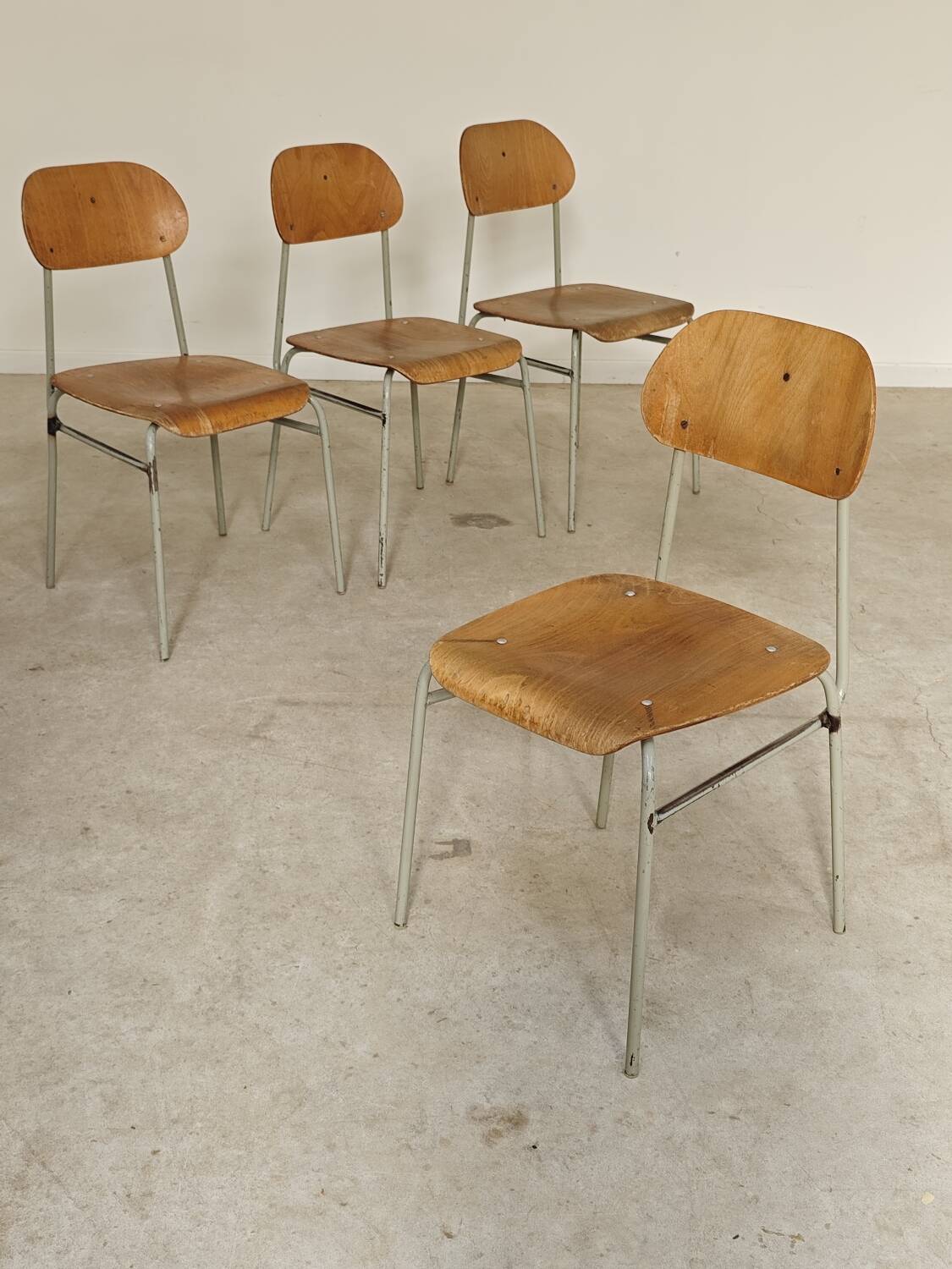 Set of 4 metal and wood school chairs, former Czechoslovakia, 1960.