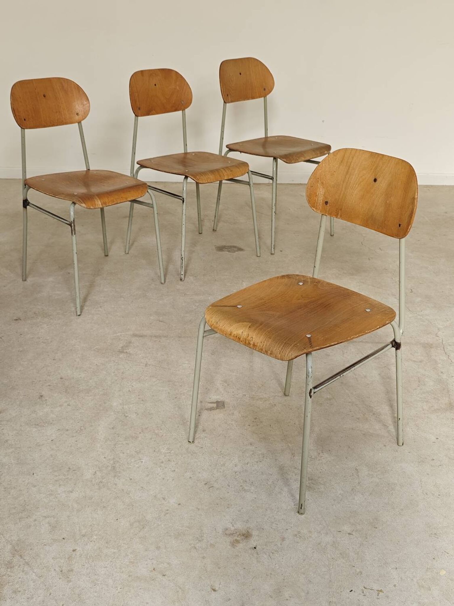 Set of 4 metal and wood school chairs, former Czechoslovakia, 1960.