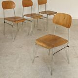 Set of 4 metal and wood school chairs, former Czechoslovakia, 1960.