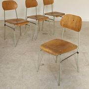 Set of 4 metal and wood school chairs, former Czechoslovakia, 1960.