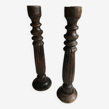 Set of 2 Antique Candle Holder Church Oak