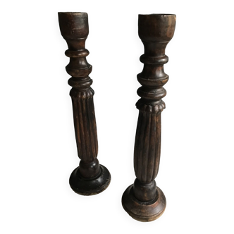 Set of 2 Antique Candle Holder Church Oak