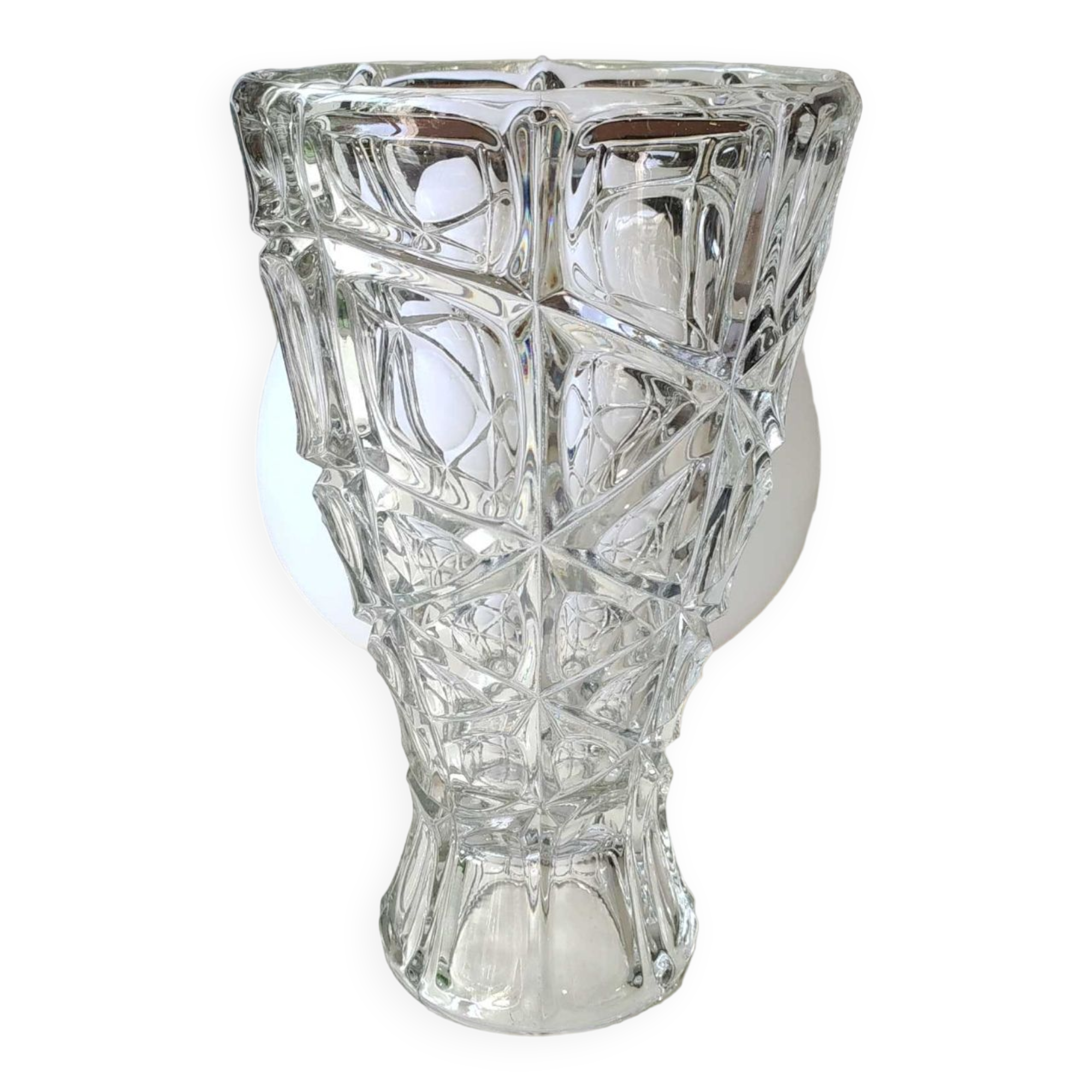 Vintage design vase in crystal. faceted patterns, braces. flared neck
