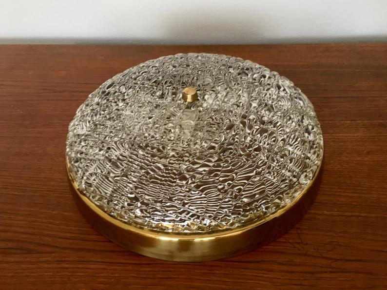 Impressive Mid Century Modern brass and ice glass ceiling lamp
