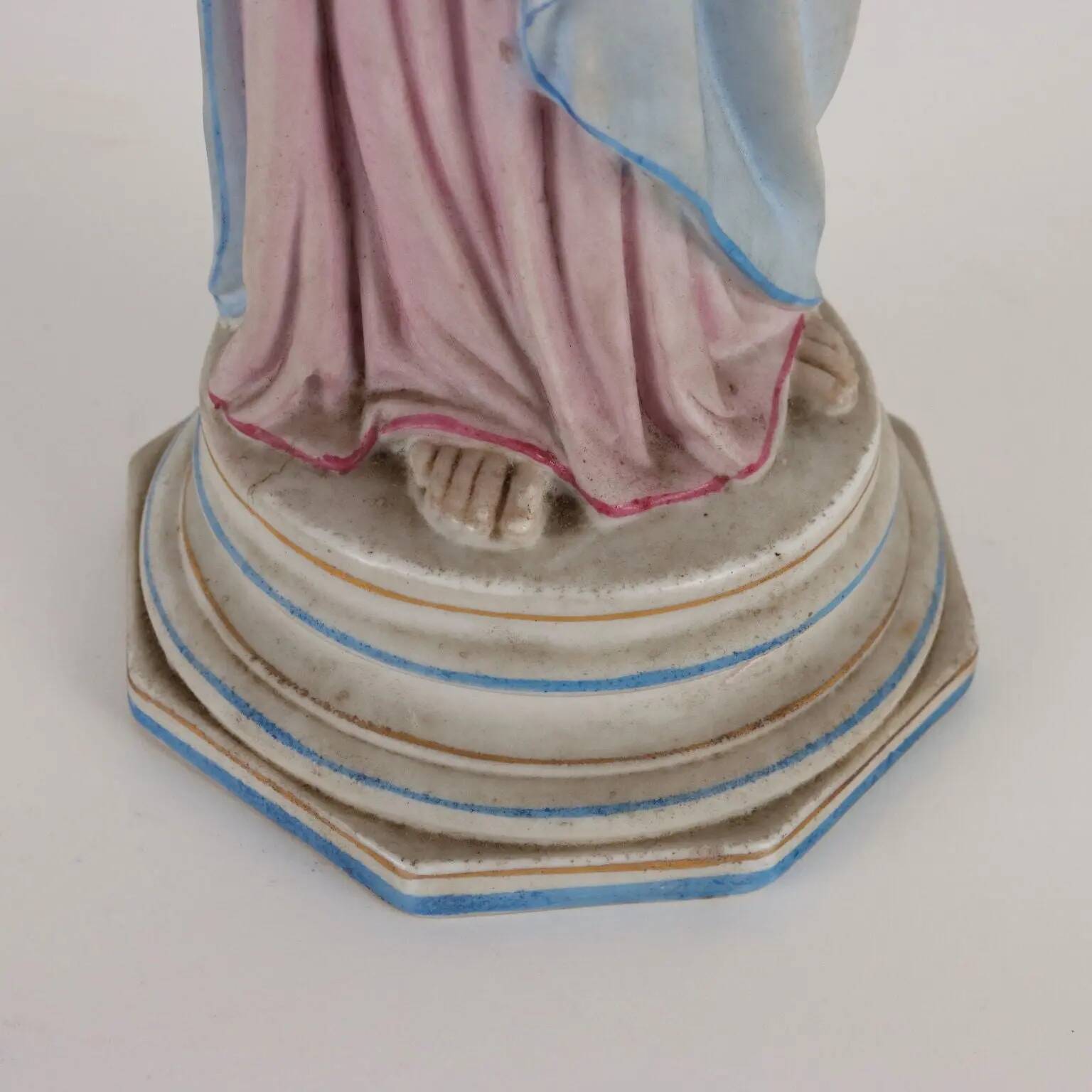 Ancient sculpture of Saint Joseph in a display case, Italy 1900s, polychrome porcelain.