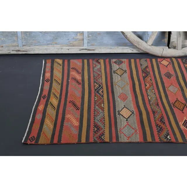 1970s Vintage Turkish Hand-Knotted Wool Cotton Red Runner Rug 117x227