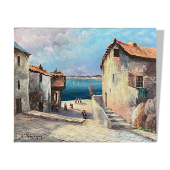 HST Marine painting "Live alley of Calvi" Corsica signed circa 1950