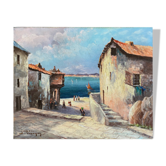 Tableau HST Marine "Ruelle animée de Calvi" Corse signé vers 1950