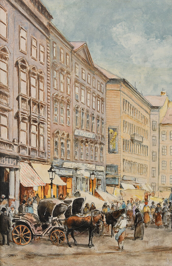 Oil on panel Animated scene of a city