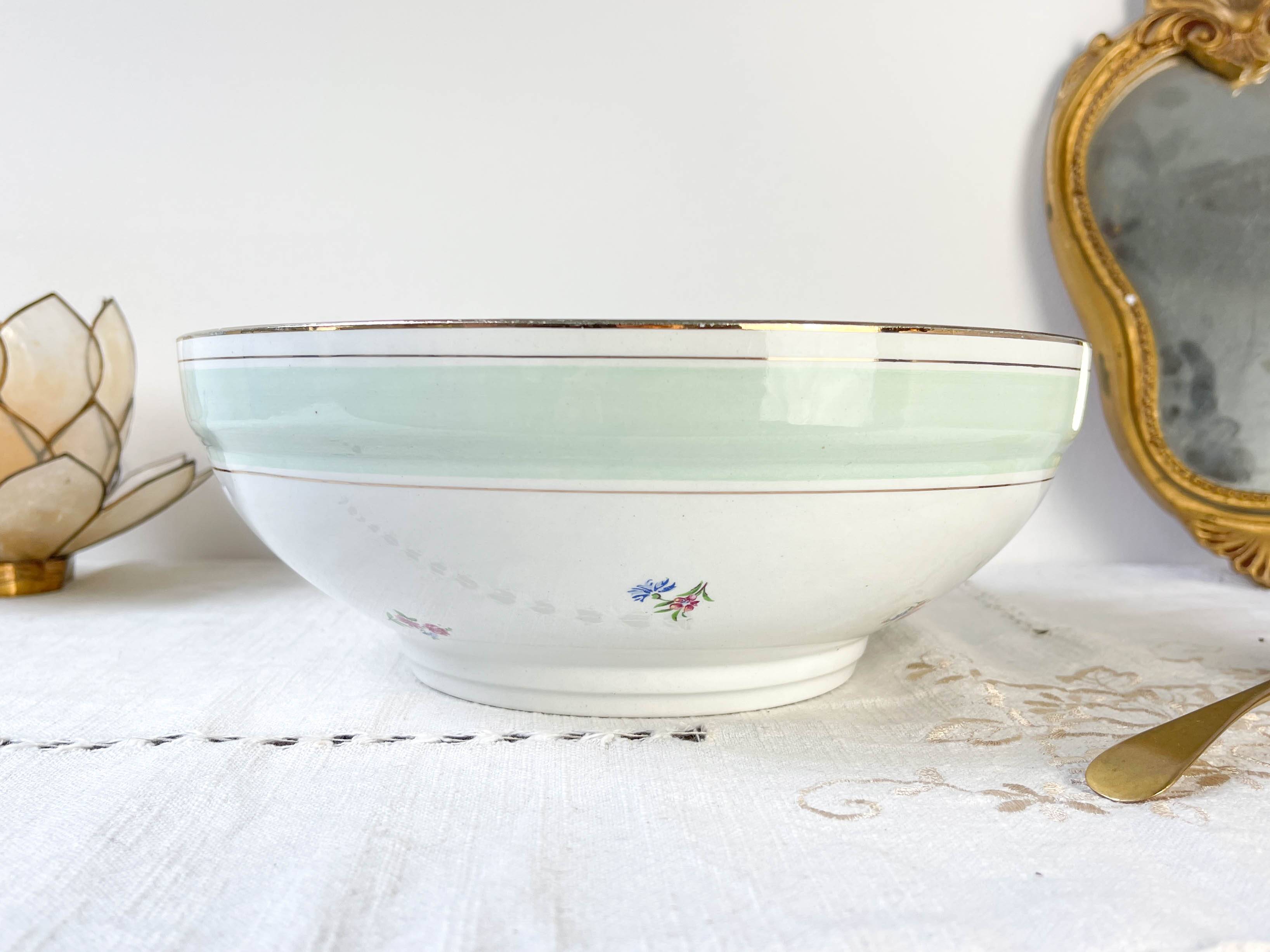 Vintage white and green floral porcelain salad bowl SALINS 66 from the 1950s