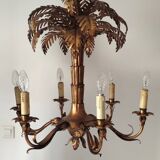 Vintage 1970s gold-tone metal palm tree chandelier with 6 arms