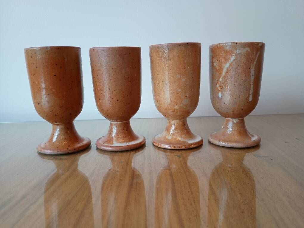Set of 4 beige stoneware mazagran cups made in France vintage