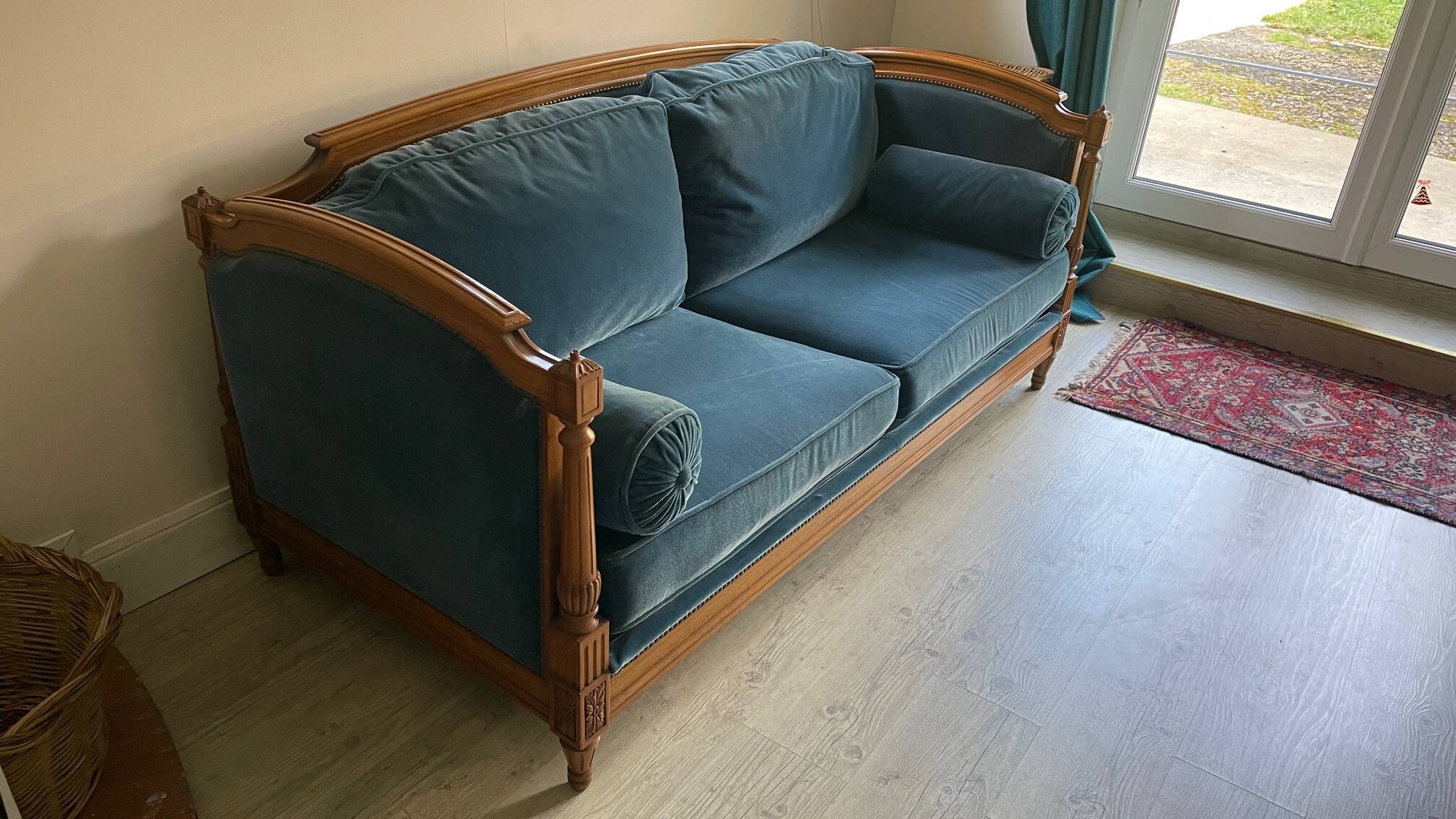 Jean Roche Vintage Wood and Velvet Sofa