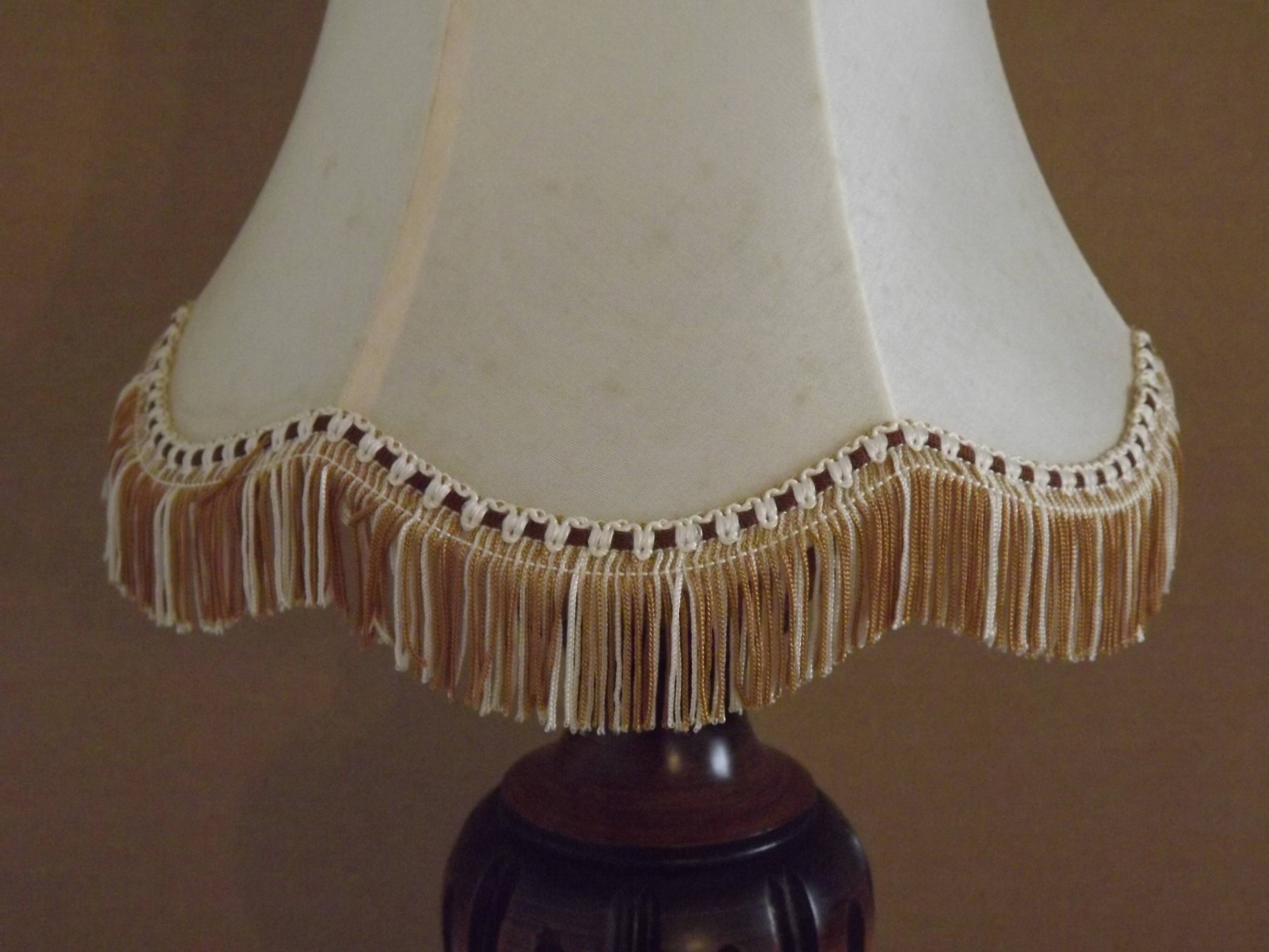 French Mid Century Round Turned Wood Table Lamp Cream Fringed Shade 5573