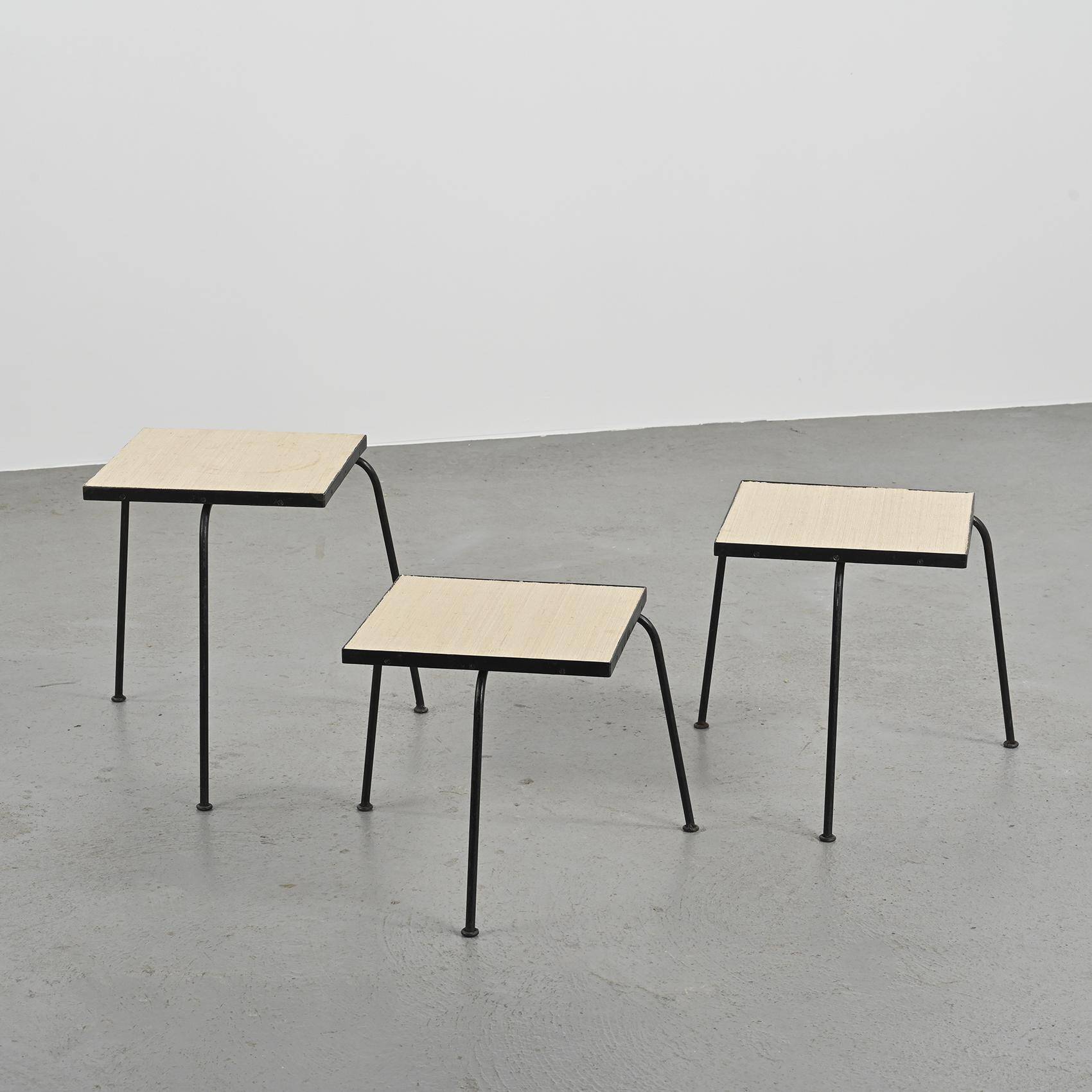 Set of 3 nesting tables in black lacquered metal, circa 1960