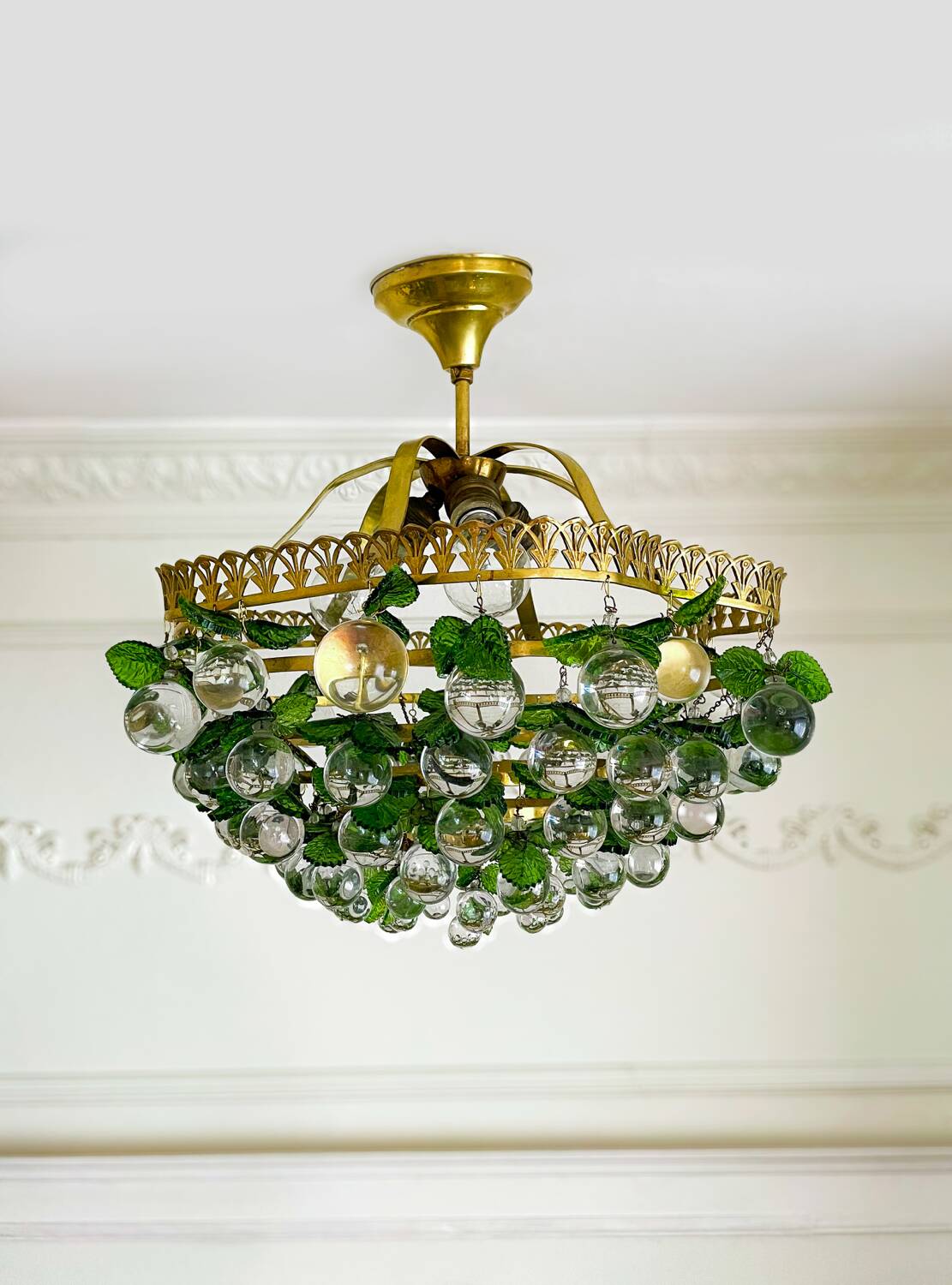 Lustre vintage à feuilles Murano en laiton massif