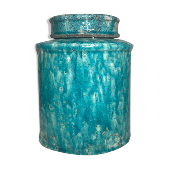Large ceramic pot cracked turquoise raku