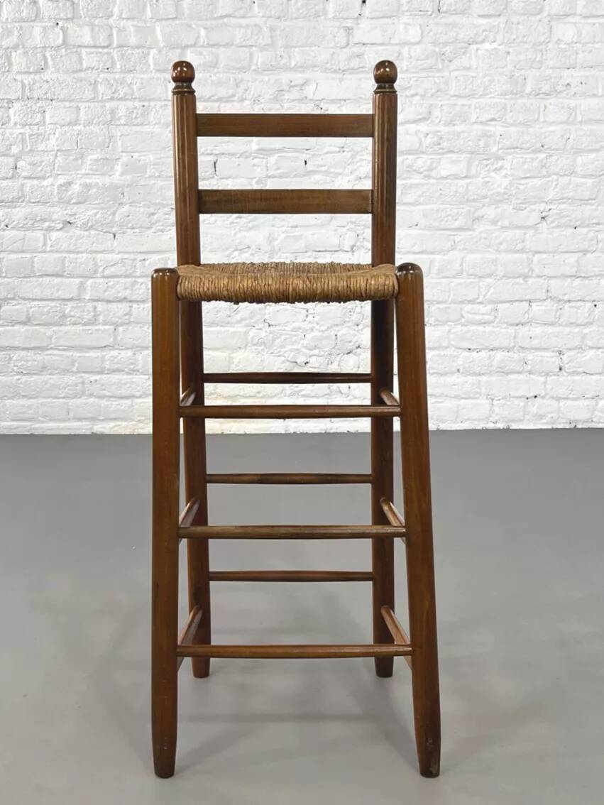 Set of 4 50s bar stools in wood and woven straw seat