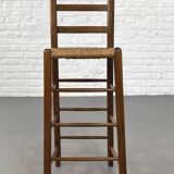 Set of 4 50s bar stools in wood and woven straw seat
