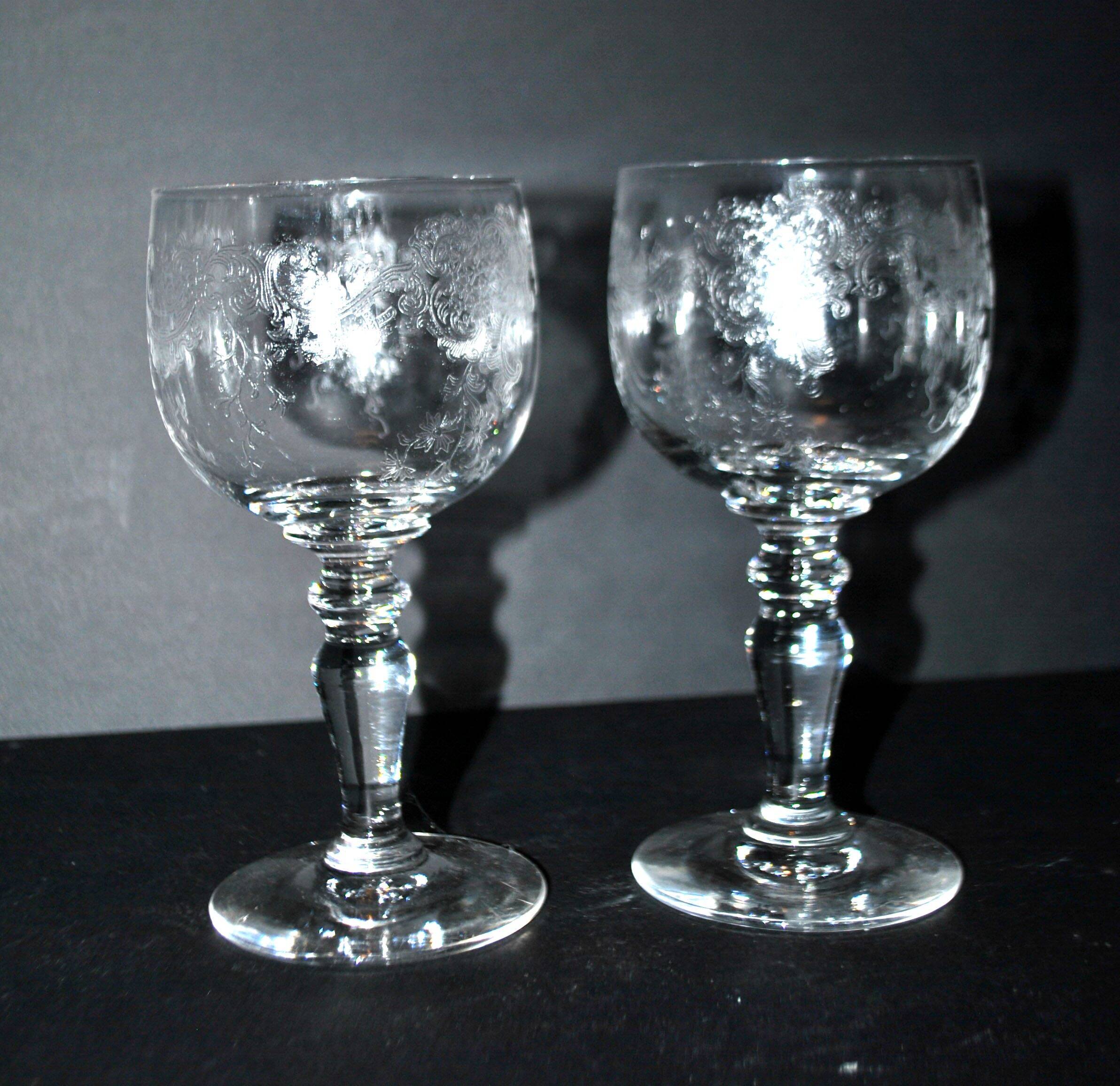 Saint-Louis set of 2 Rocaille acid-etched crystal balloon wine glasses H14.3