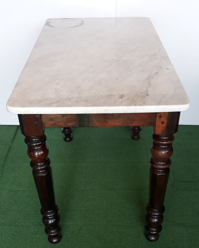Walnut table on white marble for kitchen, old