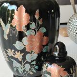 Vase with lid. decorative asian potiche with undulations. floral motifs/exotic bird. exclusive décor, made in italy. high 30 cm